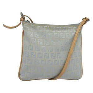Authentic FENDI Zucchino Canvas Shoulder Bag Light Blue Silver